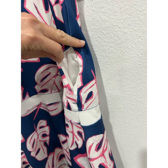 Lillie Green Sleeveless Blue Pink Tropical Leaf Print Peplum Dress Sz Medium - Picture 4 of 10